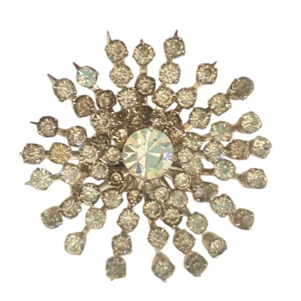 Vintage Coro clear rhinestone crystal starburst brooch marked